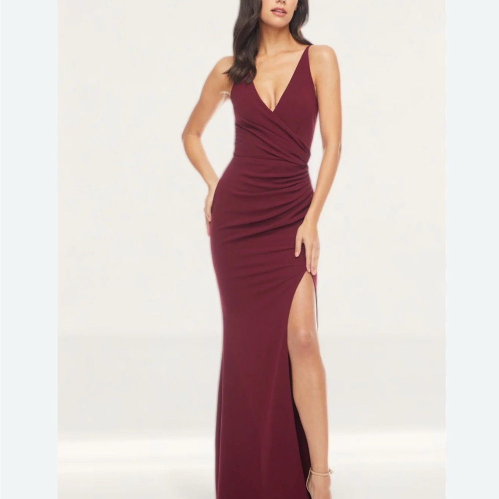 Dress the Population Burgundy Sleeveless V-Neck Maxi Gown with Side Slit